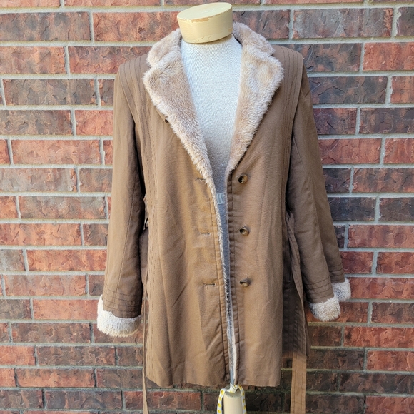 Vtg Bonders Calender Cloth Brown Faux Fur Lined Belted Coat USA No Size, - Picture 3 of 15